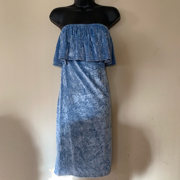 Mono B Blue Strapless Flounce Velvet Bodycon Dress - Picture 3 of 10